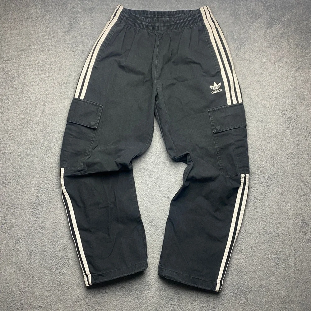 Adidas Originals Pants Mens Small Ripstop Cargo Black White 3 Stripe Trefoil
